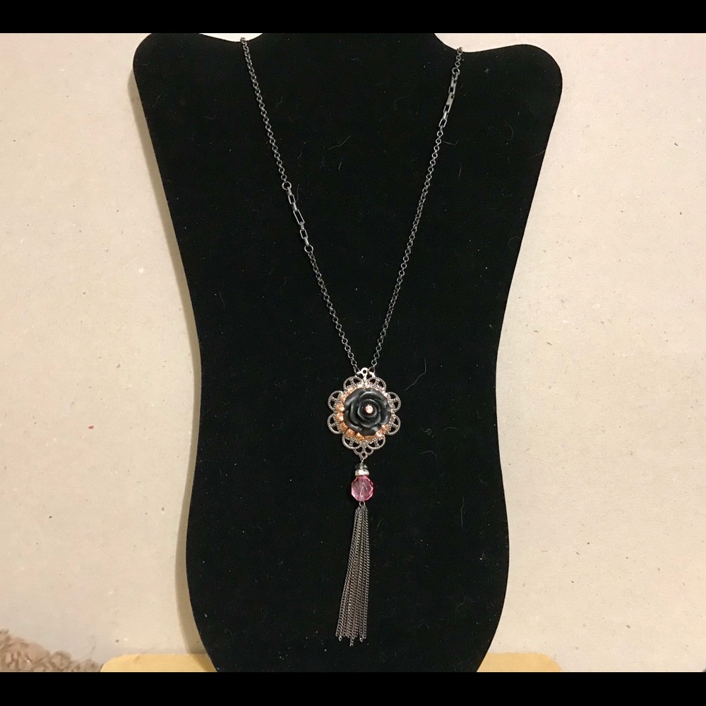 Gunmetal Rose w/Peach Rhinestone & Fringe Necklace